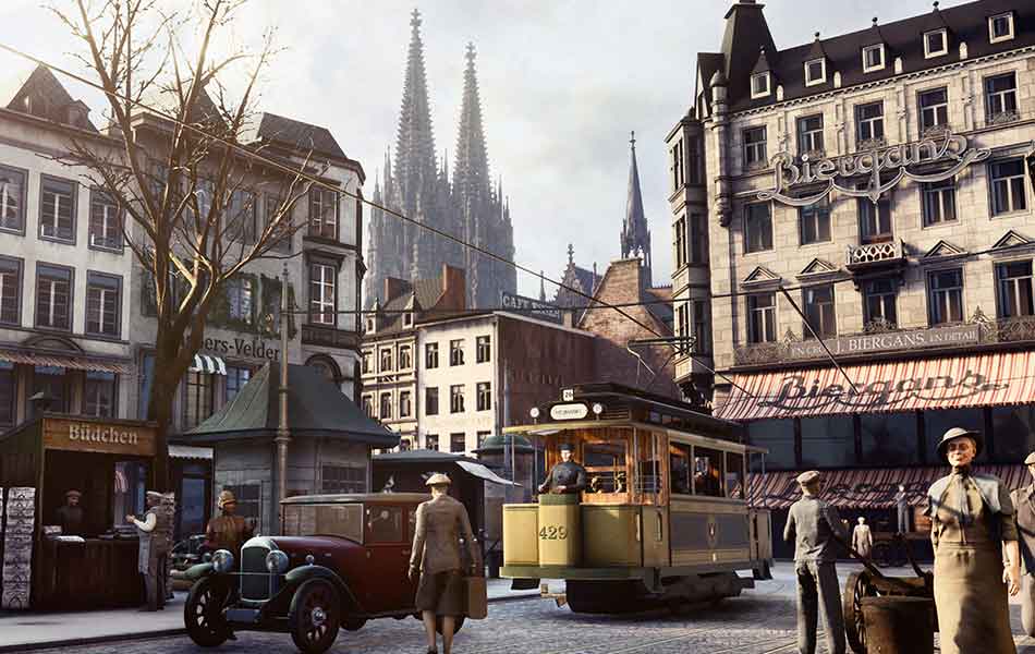 Zwanziger Jahre Straßenszene der Altstadt mit Straßenbahn und Blick auf den Dom.
