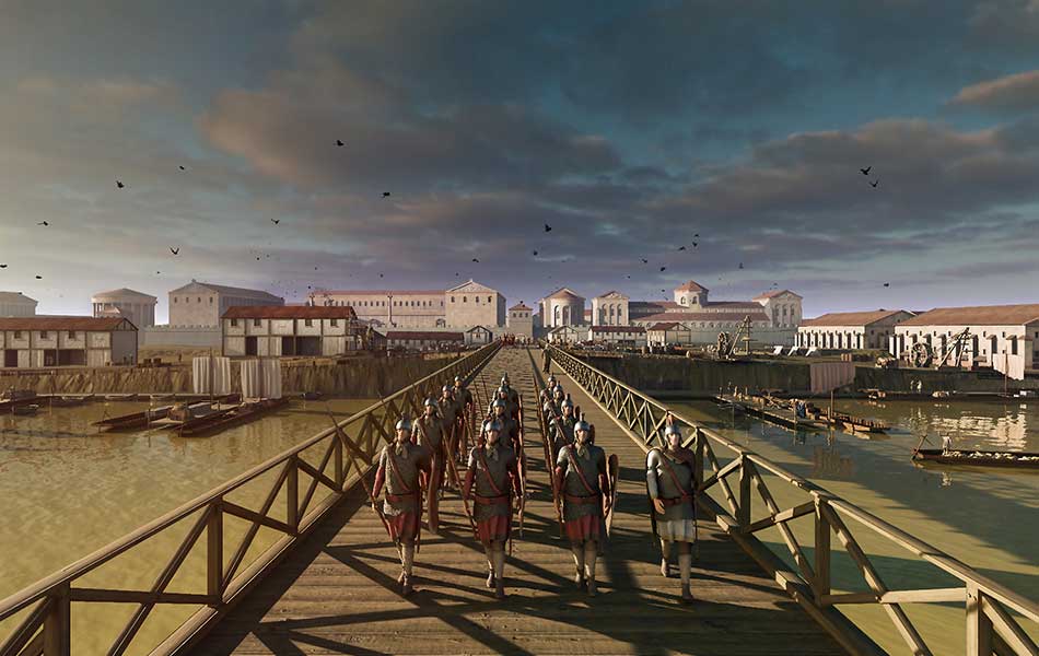 Römische Armee marschiert über eine Brücke ins antike Rom.
