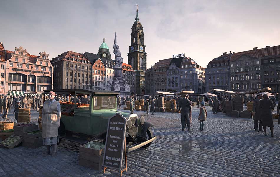 Lebendiger Marktplatz im alten Dresden mit Blick auf die Frauenkirche im Hintergrund.