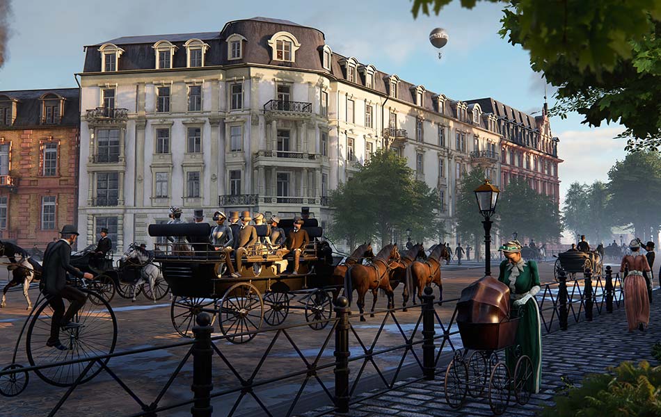 Belebte Straßenszene im 19. Jahrhundert mit Pferdekutschen und Menschen in historischer Kleidung. Im Hintergrund sind klassische europäische Gebäude und ein Heißluftballon am klaren Himmel zu sehen.