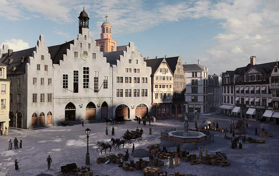 Digitale Rekonstruktion des Römer Rathauses in Frankfurt aus der Vergangenheit. Kutsche fährt über Vorplatz.