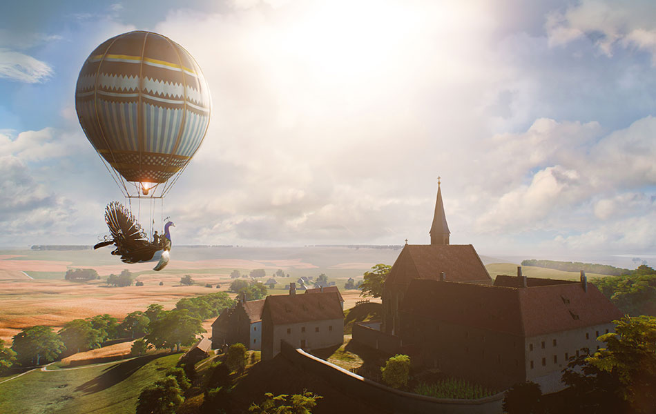 Heißluftballon in Pfauenform schwebt über Kloster Andechs bei Sonnenaufgang