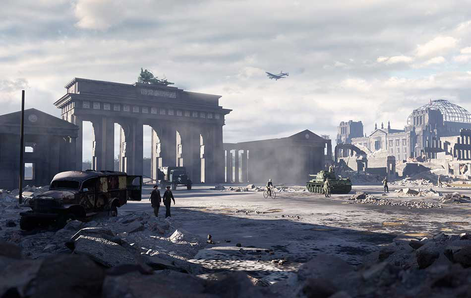Virtual Reality Abbildung des Brandenburger Tors im 2. Weltkrieg mit einem Fliger im Himmel und einem Panzer am Boden.