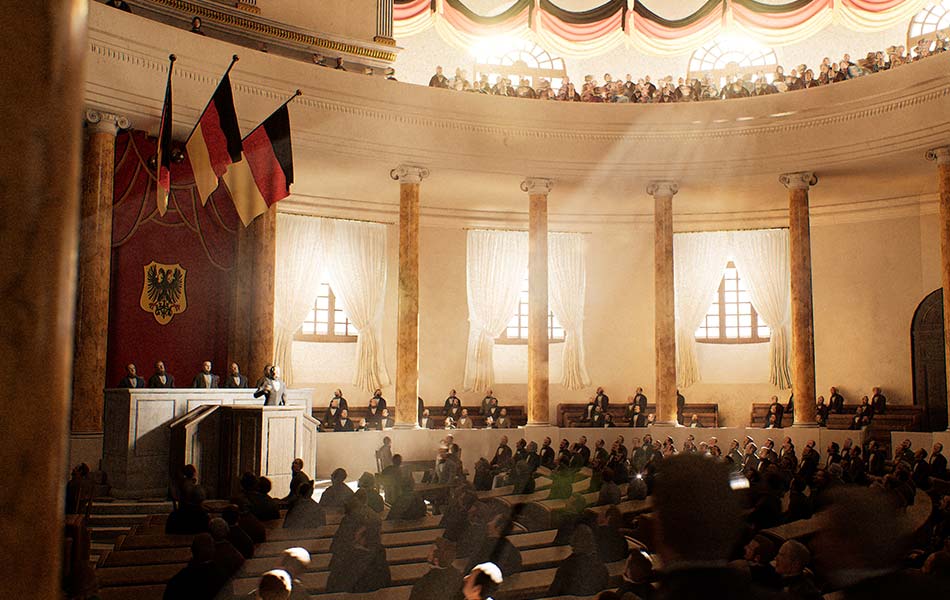 Historische Szene einer Versammlung in der Frankfurter Paulskirche.