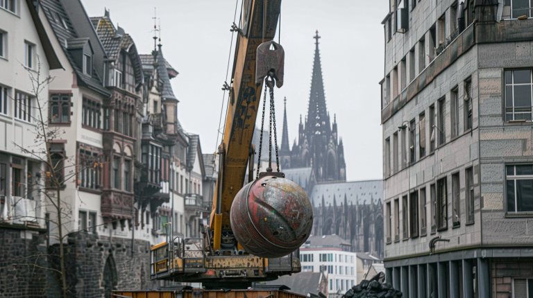 Ein Kran mit einer Abrissbirne inmitten der Kölner Altstadt