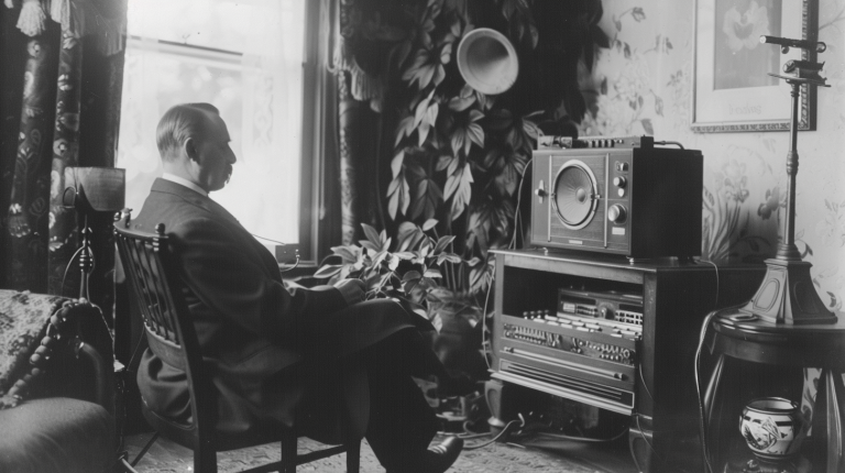 zwanziger jahre schwarz-weiß photo eines mannes der im wohnzimmer seinem radio lauscht
